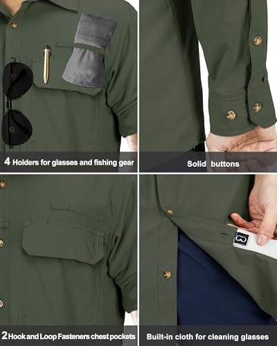 33,000ft Men's Long Sleeve Sun Protection Shirt UPF 50+ UV Quick Dry Cooling Fishing Shirts for Travel Safari Camping Hiking - color: Army Green, size: X-Large