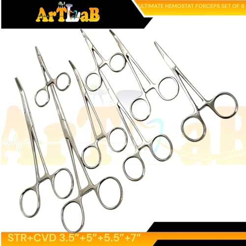 ArtLab-Ultimate Hemostat Forceps Set of 6-Straight & Curved Hemostat Forceps Locking Clamps Stainless Steel Full Serrated Jaws-Ideal for Nurses,Firefighters,Fishing (Set of 8-3.5"+5"+5.5"+7"(Str+Cvd))