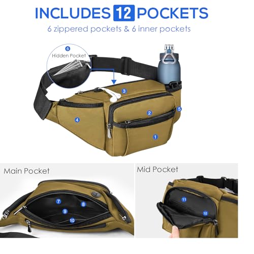 NOOLA Fanny Pack Waist Bag for Men Women, Lightweight Waist Pack with Water Bottle Holder, Adjustable Belt Bag with Multi-Pockets for Hiking, Dog Walking, Outdoor, Cycling, Running, Travel, Khaki - color: Khaki