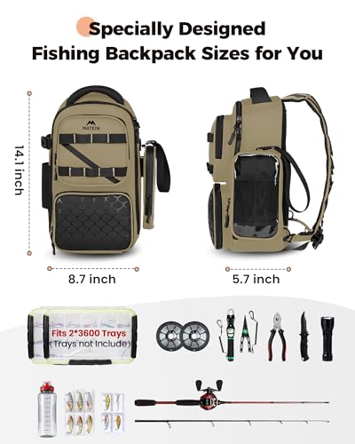 MATEIN Fishing Sling Bag with Lure Rod Holder & Phone Pouch, Waterproof 3600 Tackle Box Backpack with Removable Bait Binder - color: Khaki & Black