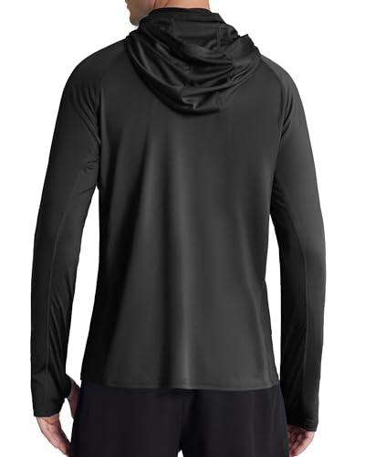 Roadbox Men's UPF 50+ Hooded Fishing Shirts Long Sleeve Sun Protection Hoodie, Hiking Running Swimming Rash Guard with Mask - color: Black, size: Medium