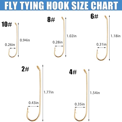 200pcs Fly Hooks for Fly Tying Dry Wet Barbless Nymph Flies Curved Fly Fishing Hooks IGN Carbon Steel Long Shank Jig Hook with Tackle Box 2# 4# 6# 8# 10# - color: Gold, size: 10# - 200 Pack