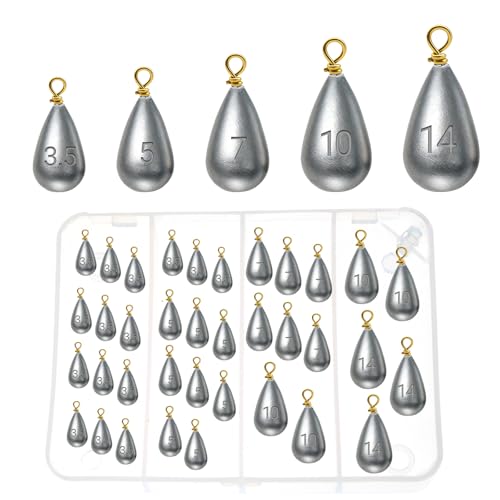 Casting Sinker Weights Assortment, Teardrop Fishing Sinkers with Brass Swivel Loops, 1/8 oz to 3/4 oz, Drop Shot Weights for Bass Catfish, Freshwater Saltwater - color: 36pcs-1/8oz,3/16oz,1/4oz,11/32oz,1/2oz