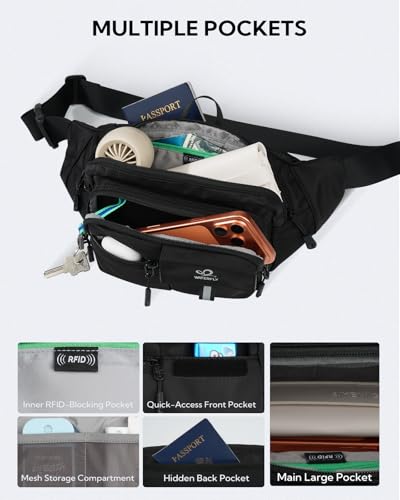 WATERFLY Fanny Pack Waist Bag: 3L Waist Pack with Anti-Theft RFID Blocking, 9 Pockets & Adjustable Belt Water Resistant Hip Pack for Women Men Travel Hiking Running - color: Black