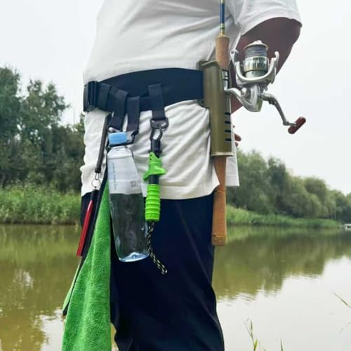 Fishing Waist Belt Rod Holder - Adjustable Wading Belt with Portable Pole Inserter ,Come with D-Ring Attachments, Carebiner Clip and Water Bottle Holder - Wader Strap