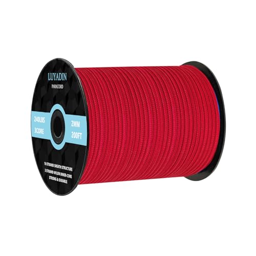 Paracord 240lb - Diameter 2mm Micro Utility Cord -3 Strand Parachute Spool Cord - 100ft 200ft,Paracord for Camping,Hiking,Fishing,Outdoor and DIY - color: Red, size: 200 ft