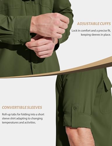 MAGCOMSEN Men's Sun Protection Fishing Shirts Long Sleeve UPF 50+ Quick Dry Cooling Button Down Shirt for Hiking Safari - color: Army Green, size: X-Large