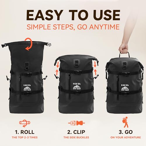 HEETA Dry Bags Waterproof Backpack 40L for Men & Women, Roll Top Heavy Duty Cushioned Hiking Backpack for Kayaking Boating Paddle Boarding Fishing Travel Camping Beach Vacation Cruise Ship Essentials - color: Black