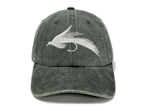 Fishing Baseball Cap for Men Women, Adjustable Embroidered Hat | Fishing Gear, Outdoor Adventure Design, Precision Embroidery Craft, One Size Adjustable Fit - color: Fly Fishing Lures (Washed Army Green)