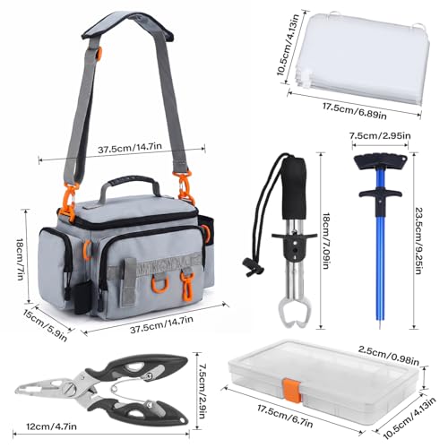 Fishing Tackle Bags with Tackle Box,Waterproof,Padded Shoulder Strap,Gear Storage,Fish Bag with 136 Pcs Fishing Lures Kit,Fish Hook Remover Tool,Fish Lip Gripper,Fishing Plier,Gifts for Men (Gray) - color: Gray