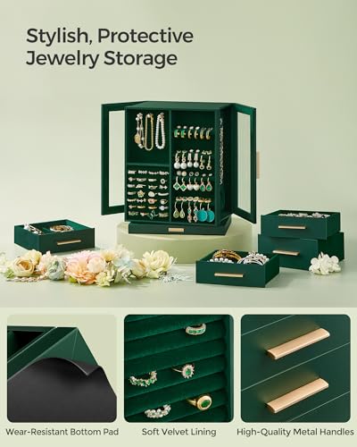 SONGMICS GISELLA Collection - Jewelry Box Organizer 360° Rotating, Vertical Jewelry Storage Case with 5 Drawers, Glass Window, Spacious, Open Design, Great Gift, Forest Green UJBC170C01 - color: Forest Green, size: 5 Drawers (6.3"d X 8.7"w X 11.2"h)
