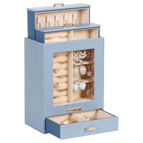 Homde Jewelry Organizer Girls Women Jewelry Box for Necklaces Rings Earrings Gift Bracelets Storage Case (Grey Blue + Gold) - color: Grey Blue + Gold