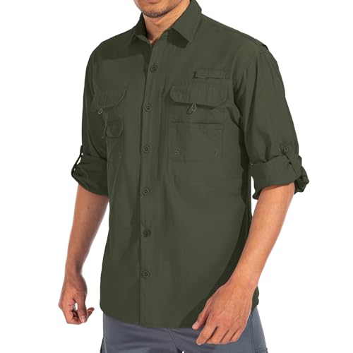 linlon Mens Safari Shirts Long Sleeve UV Protection Hiking Fishing UPF 50+ Quick Dry Cooling Camping Travel Shirts - color: Army Green, size: X-Large