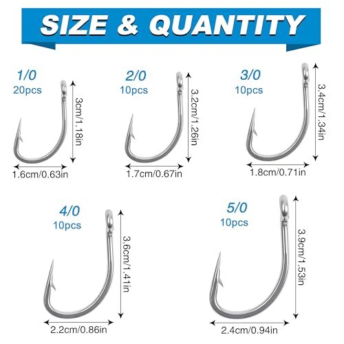 Live Bait Hooks Saltwater O'shaughnessy Circle Hook Stainless Steel Short Shank in-Line Point Fishing J Hooks for Catfish Tuna Bass Salmon Size 1#-5/0 - size: Mixed(1/0-5/0) Kit-60pcs