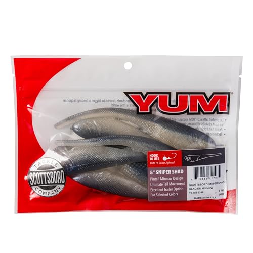 YUM Sniper Shad Soft Plastic – Realistic Minnow Bass Fishing Lure, Jig Head & Underspin Trailer, 3” 4” 5” Sizes, Multiple Colors - color: Glacier Minnow, size: 5"