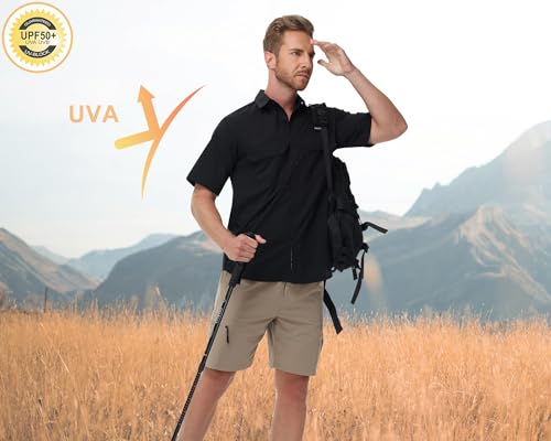 Satankud Fishing Shirts for Men Short Sleeve Sun Protection Cooling Hiking Shirt for Travel Safari Camping Work - color: Black, size: 3X-Large