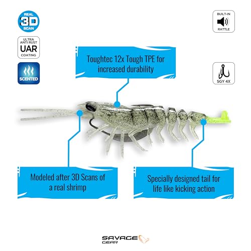 Savage Gear Manic Shrimp V2 Soft Plastic Fishing Bait, Realistic Contours, Colors and Movement, Durable Construction, Weighted Ultra-Sharp Jig Hook - color: Glow, size: 3 in - 1/4 oz