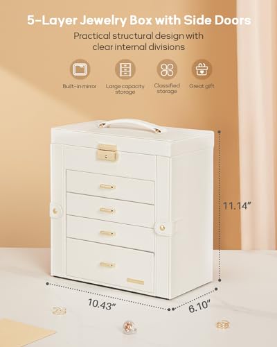 Homde Synthetic Leather Huge Jewelry Box Mirrored Watch Organizer Necklace Ring Earring Storage Lockable Gift Case (White + Gold) - color: White + Gold