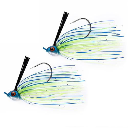 Dr.Fish 2 Pack Swim Jigs Weedless Bass Fishing Jigs Hook Lures with Reinforced Weed Guard Fish Head Swimbait Silicone Skirt Pike Walleye Muskie Freshwater Lures - color: Chartreuse/Blue Shad, size: 3/8oz