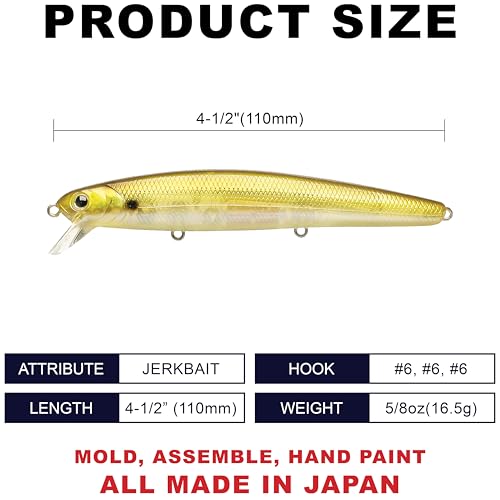 LUCKY CRAFT FlashMinnow 110, Saltwater Fishing Lures, Jerkbait Surf Fishing Accessories and Gear, 1-2 ft Slow Suspending Topwater Lure, Halibut and Bass - color: 239 Golden Shiner