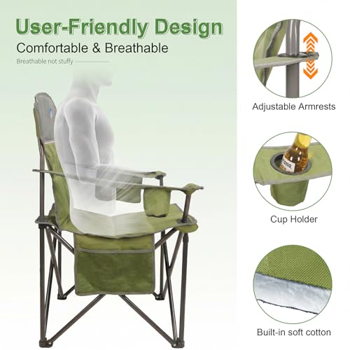 Oversized Camping Chairs 2 Pack - Heavy Duty 400LBS Padded Lawn Chair with Cooler Bag,Cup Holder,Side Pocket,Collapsible for Outdoor,Camp,Fishing & Garden,Olive Green - color: Olive Green