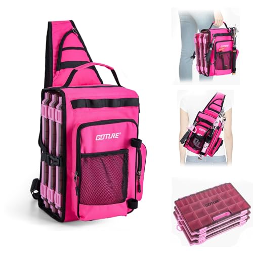 Goture OpenSide Tactical Sling Tackle Bag with 3 Tackle Trays, Lightweight Fishing Backpack Storge Fishing Gear - Pink Bag Outdoor,Gift for women - color: Pink, size: Small bag with 3600 trays, style: Bag + Fishing Boxes(handle)