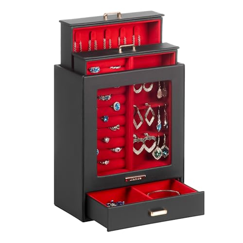 Homde Jewelry Organizer Girls Women Jewelry Box for Necklaces Rings Earrings Gift Bracelets Storage Case (Black + Red + Gold) - color: Black + Red + Gold
