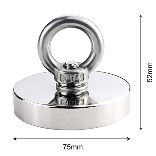 DIYMAG Strong Neodymium Fishing Magnets with Countersunk Hole Eyebolt Diameter 2.95 inch(75 mm) 650 lbs(295 KG) Pulling Force for Retrieving in River and Magnetic Fishing-2pack - size: 75mm 2P