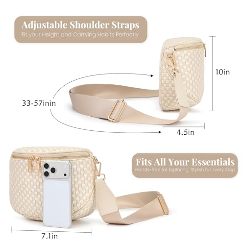 Woven Vegan leather Crossbody Bags For Women, Checkered Fashion PU Bum Bag Waist Pack, Travel Sling Purse with Adjustable Strap（Beige and White) - color: Beige and White