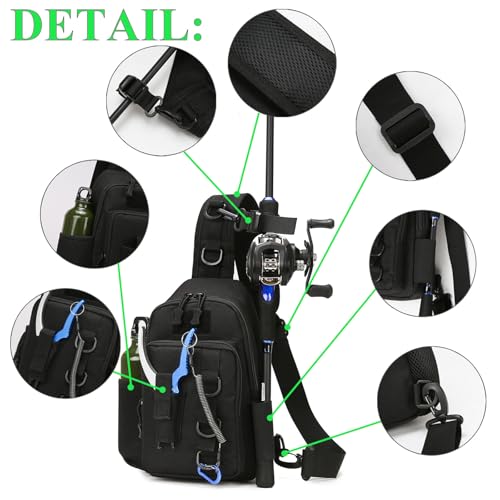 Fishing Sling Bag - Small Fishing Tackle Storage Bags with Rod Holder(Green) - color: Green