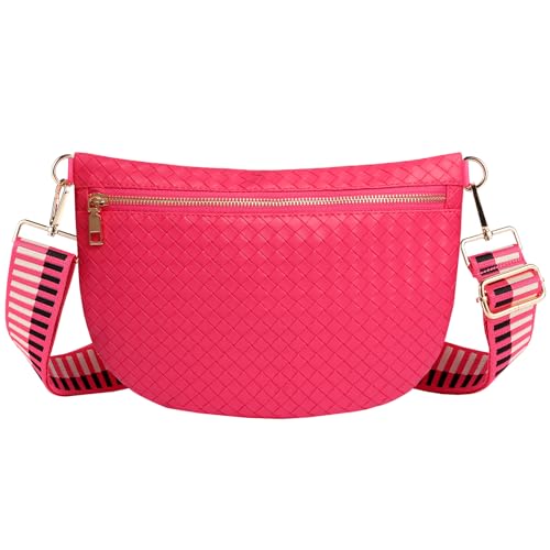 Woven Crossbody Bags for Women Leather Belt Bum Sling Purse Fanny Waist Pack Chest Shoulder Bag for Women-Pink - color: Hot pink