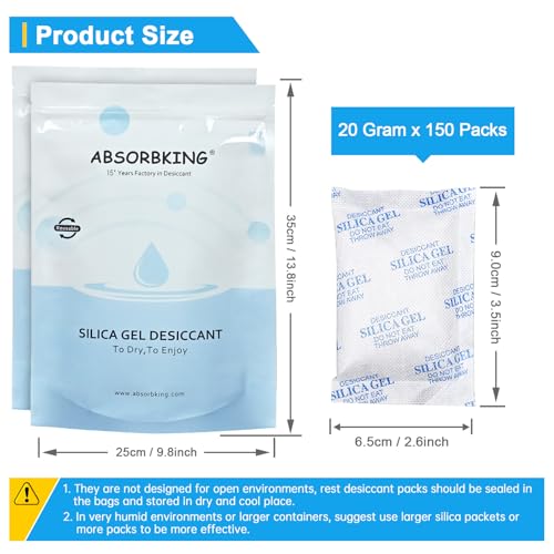 Absorbking Silica Gel Packets, 20 Gram 150 Packs Food Safe Moisture Absorbers, Desiccant Packs for Storage, Reusable Desiccant for Foods, Storage Bins, 3D Filaments, Electronics, Safes - size: 20g(150-pack)