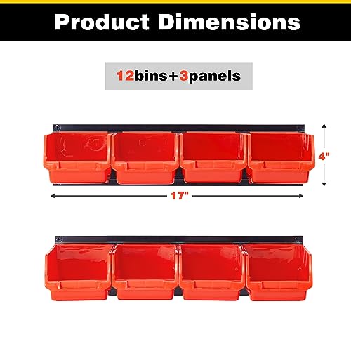 Ultrawall Wall Mounted Storage Bins, Plastic Hanging Storage Organizer Bins, Garage Tool Storage System for Screws, Nuts, Bolts, Nails, and Small Hardware Parts, 12x bins & 3 x rails, Orange - color: Orange