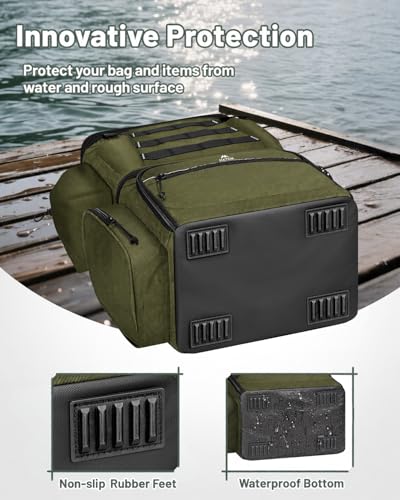 MATEIN Fishing Backpack with 4 Tackle Boxes, Fishing Bag with Rod Holder & Safety Compass & Cooler, Gifts for Fishermen - color: Olive Green
