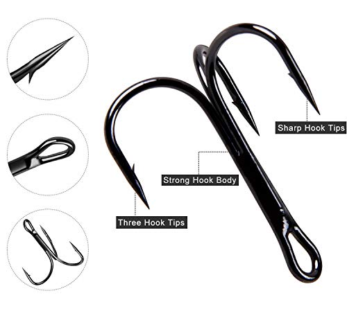 Fishing Treble Hooks Kit for Saltwater Freshwater, High Carbon Steel Barbed Treble Hooks Strong Sharp Round Bend Triple Fishing Hooks for Catfish Bass Trout Hard Baits Lures