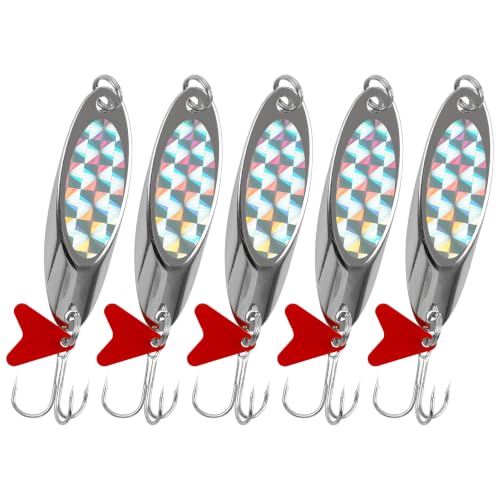 Fishing Lures Casting Spoon Lure, 5pcs Hard Metal Spoon Fishing Lures for Trout Bass Crappie Pike Walleye Saltwater Freshwater Fishing Gear 3/16oz-2oz - color: Silver-red heart, size: 3/16oz(5g)