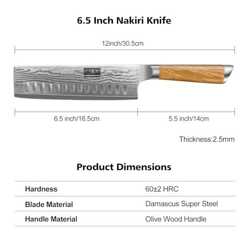 HOSHANHO Damascus Nakiri Knife 6.5 Inch, Super Sharp Damascus 10Cr15CoMoV Japanese Kitchen Knife, Cleaver and Vegetable Knife with Ergonomic Olive Wood Handle - style: 6.5 Inch Nakiri Knife