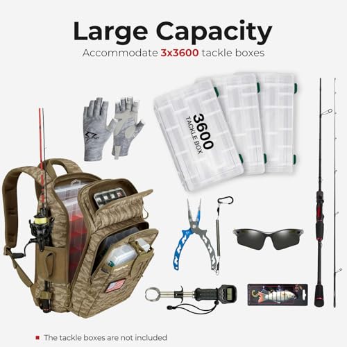 Piscifun Fishing Tackle Backpack with Rod & Gear Holder, Lightweight Outdoor Water-Resistant Fishing Shoulder Storage Bag with Protective Rain Cover, Khaki Camouflage - color: Khaki Camouflage, size: Standard