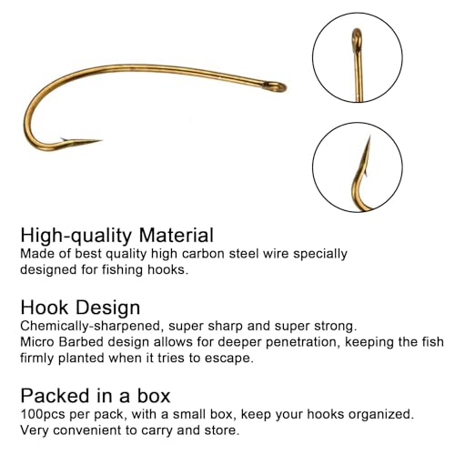 Eupheng Fly Fishing Hooks 100pc Pack Micro Barbed High Carbon Steel Bronze Forged for Dry Flies, Curved Nymphs, Shrimp,Caddis Pupa - color: EP FLY-D&C NYM-7015, size: #14
