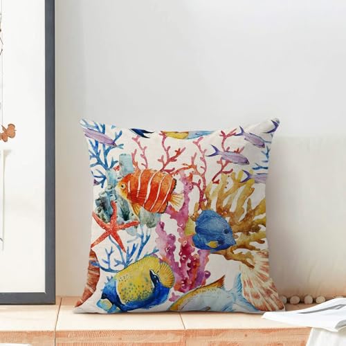 Coastal Pillow Covers 16 x 16 Set of 2, Ocean Colorful Coral Fish Outdoor Decorative Throw Pillows Farmhouse Linen Summer Beach Cushion Case for Home Couch Sofa Decor - color: Fish1, size: 16" x 16" (Pack of 1)