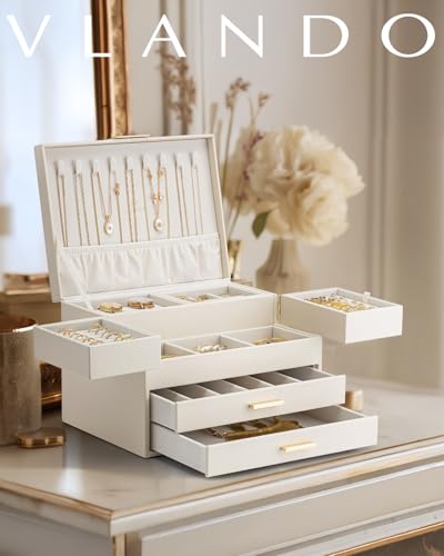 VLANDO 4 Layers Jewelry Box - Women Jewelry Box with Retractable Tray - Jewelry Organizer with Drawer for Necklaces, Rings, Bracelets, Earrings, Valentines Gift for Mom Girls - Cloud White - color: A.Cloud White, size: 4-Layer