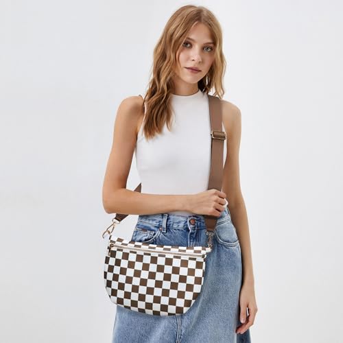 KALIDI Checkered Crossbody Bags for Women Travel Flat Fanny Packs for Woman Men Nylon Cross Body Purse Fashion Belt Bum Bag - color: Brown Checkered