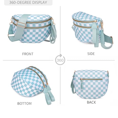 Pure Colour Crossbody Bum Bags for Women Spacious Checkered Cross body Bag Nylon Trendy Fanny Pack for Travel - color: Light Blue Checkered
