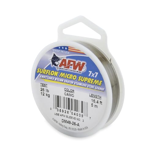 American Fishing Wire Surflon Micro Supreme Nylon Coated 7x7 Stainless Steel Leader Wire - Knottable Wire Leaders for Fishing Saltwater, Fly Fishing, 13lb Test - 90lb Test, Bright, Black & Camo Colors - color: Camo, style: 5 Meter, 26 Pound Test