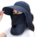 Women Wide Brim Face Mask Sun Hat Detachable Neck Face Flap Ponytail UV Protection Visor Hat Garden Fishing Hiking - color: A4-shun005-navy