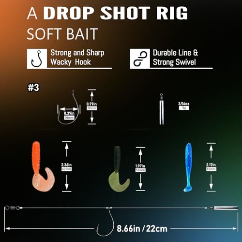 Narcissus Drop Shot Rig Kit with Soft Plastic Baits – 10 Pre-Tied Rigs with Wacky Hooks (1#, 2#, 3#) & Sinkers (1/8–3/8 oz), 10 Lures Included – Swimbaits & Grubs for Bass, Perch, Trout Fishing