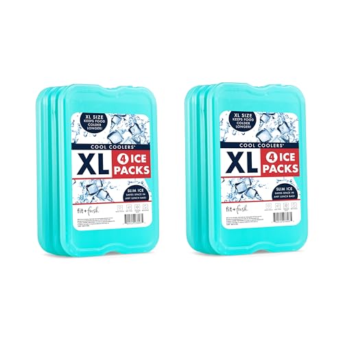 Cool Coolers by Fit & Fresh 4 Pack XL Slim Ice Packs, Quick Freeze Space Saving Reusable Ice Packs for Lunch Boxes or Coolers - color: Green (8 Pack)