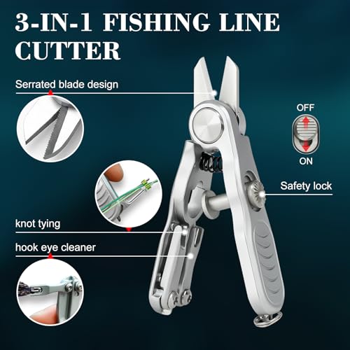 Portable 3-in-1 Fishing Line Cutter, Hook Eye Cleaner & Knot Tying Tool, Stainless Steel Braided Line Scissors for Monofilament & Fluorocarbon Lines with Retractable Zinger