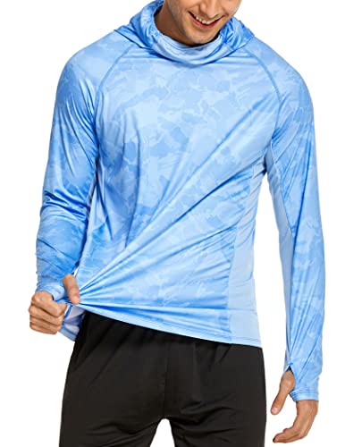 COOrun Men's Hooded Sun Shirts with Mask Fishing Shirts for Men Long Sleeve UPF 50 Rash Guards Cooling Hoodies Hiking Shirts - color: Blue, size: Medium
