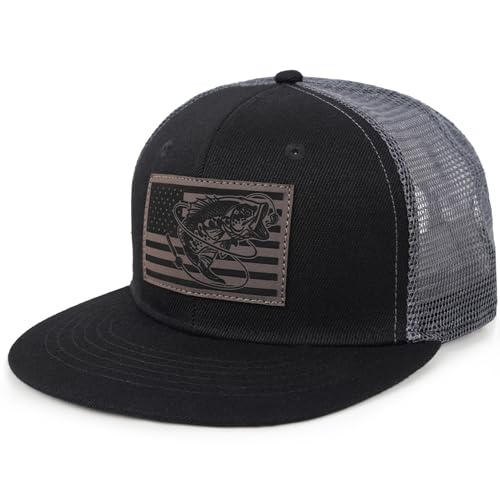 Fishing Gifts for Men - Snapback & Trucker Hats - American Flag Outdoor Fishing Hat - color: 10.iron Gray Flatbrim (Bassflag)